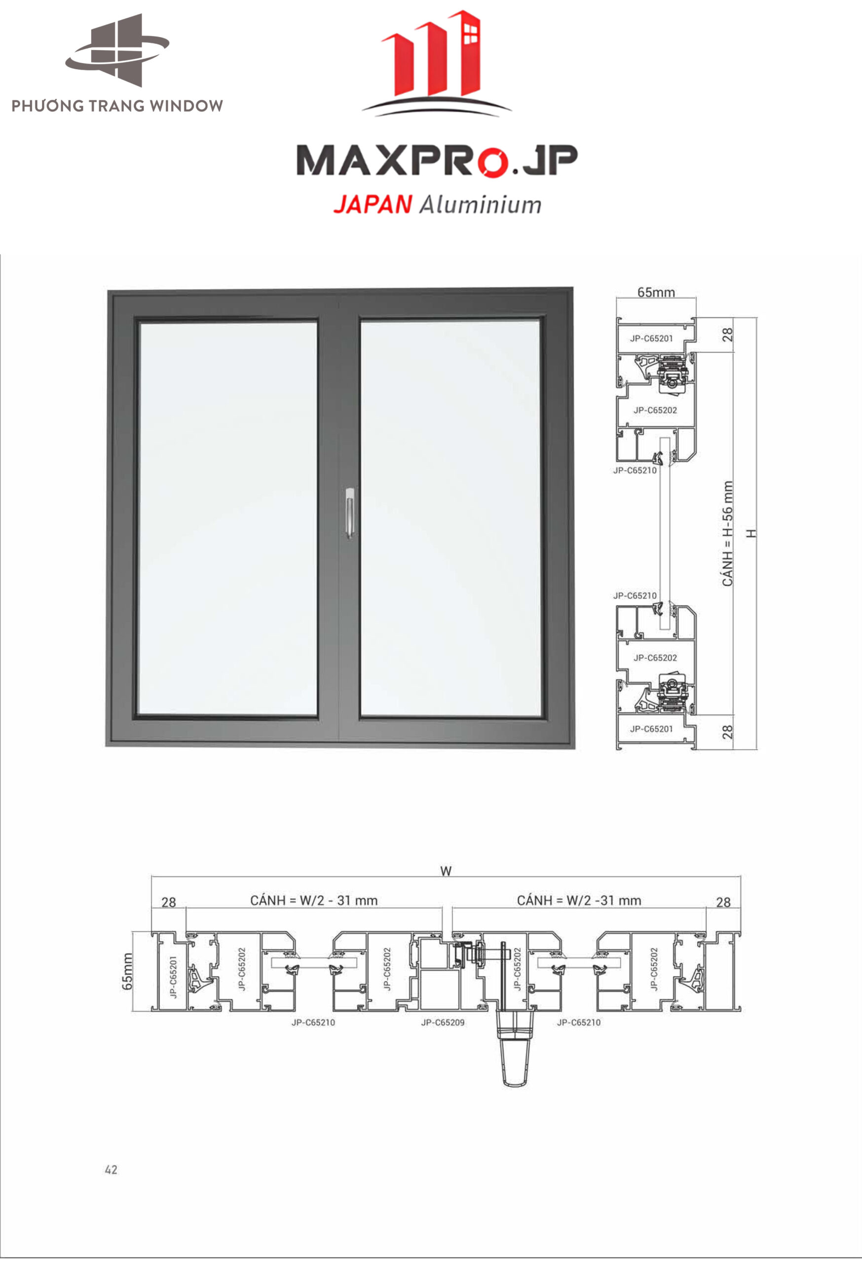 Vách kính cố định cửa nhôm Maxpro hệ 65 Plus