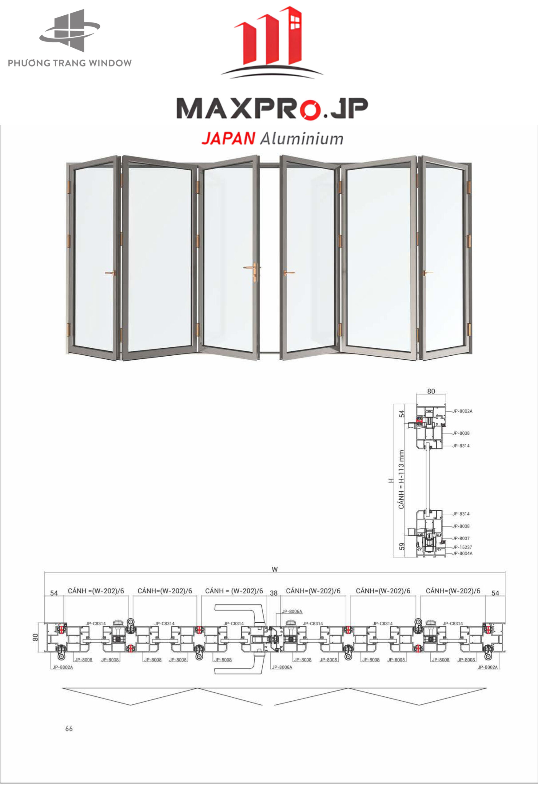 Cửa sổ xếp gấp hệ H80 3 cánh nhôm Maxpro (3-3-0)